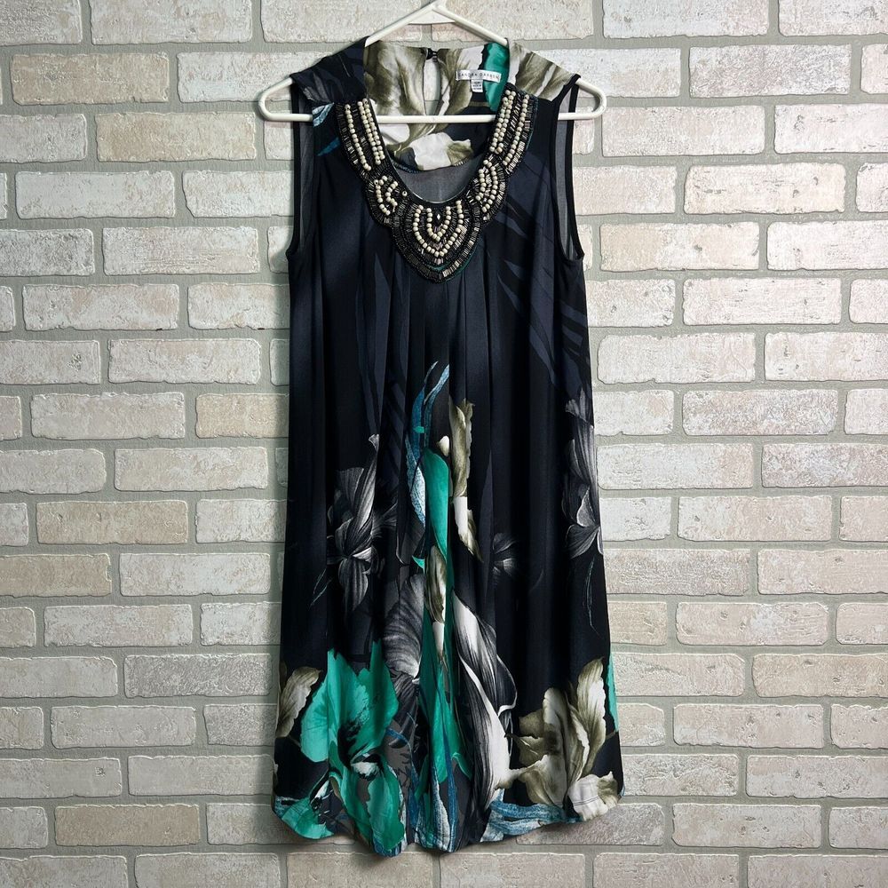Sandra Darren‎ Beaded Neckline Dress Womens Size 12P Black Floral Sleeveless
